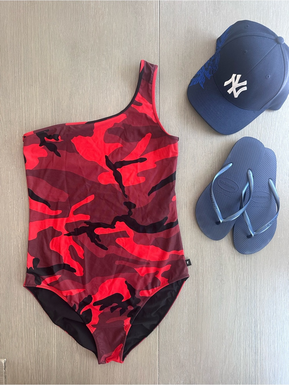 Balenciaga Red and Black Camouflage One-Shoulder Swimsuit. NWOT.